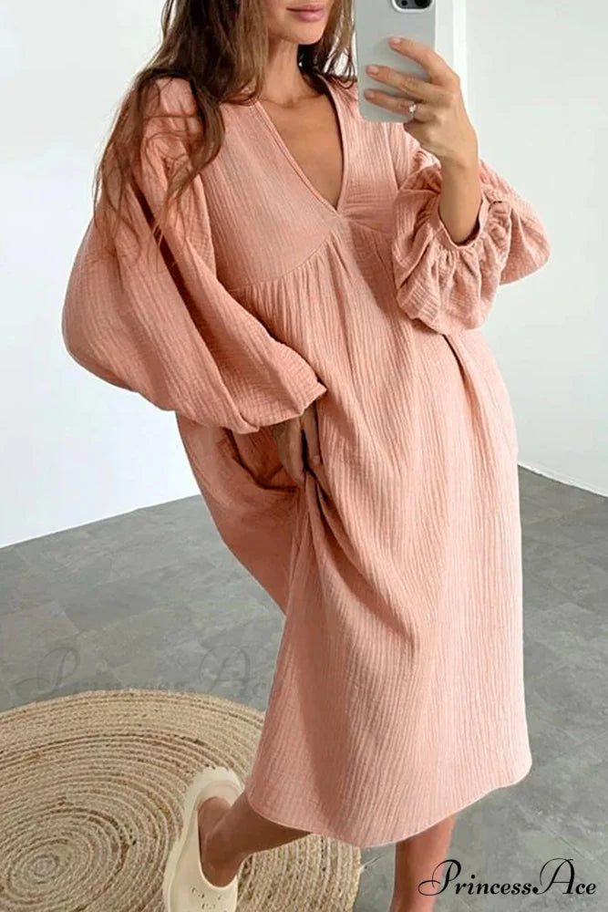 Crepe V Neck Puff Sleeve Loose Dress