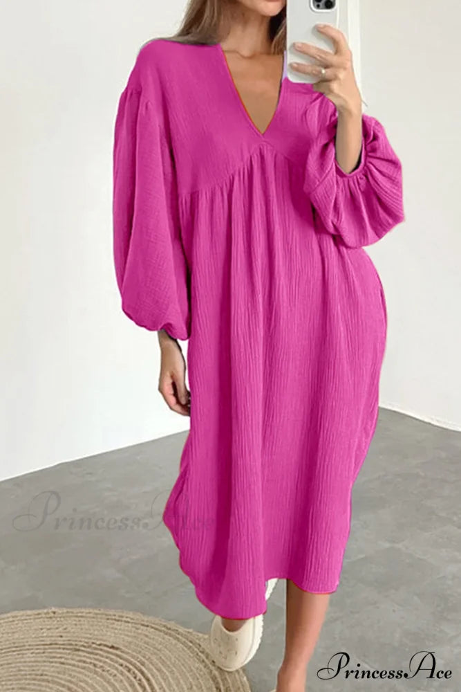 Crepe V Neck Puff Sleeve Loose Dress