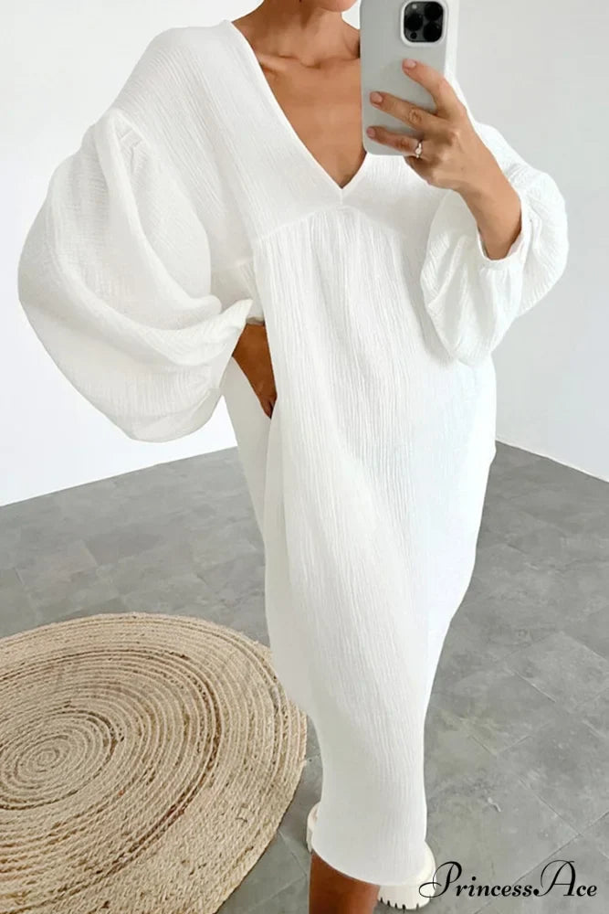 Crepe V Neck Puff Sleeve Loose Dress