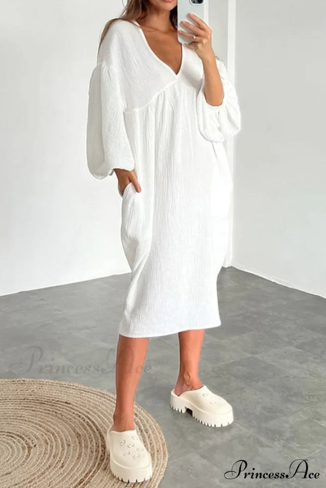 Crepe V Neck Puff Sleeve Loose Dress