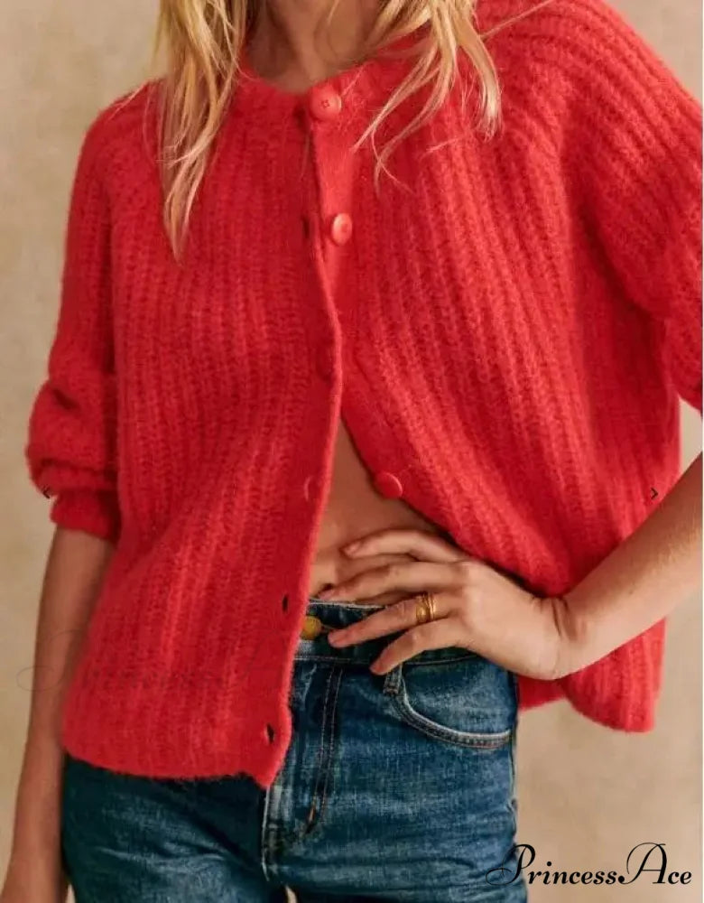 Crew Neck Button-Up Knit Cardigan
