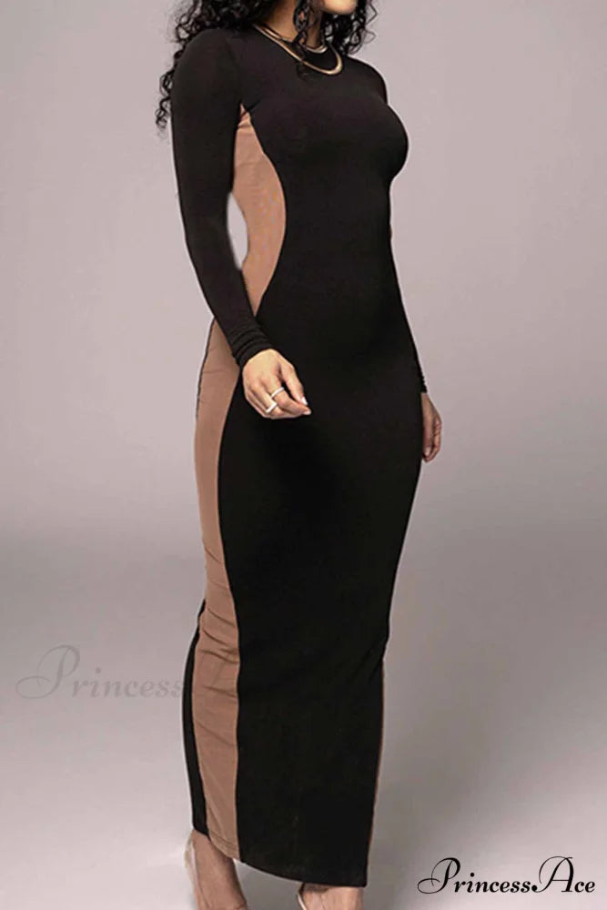 Crew Neck Long Sleeve Slit Midi Dress