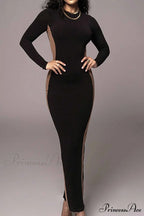 Crew Neck Long Sleeve Slit Midi Dress