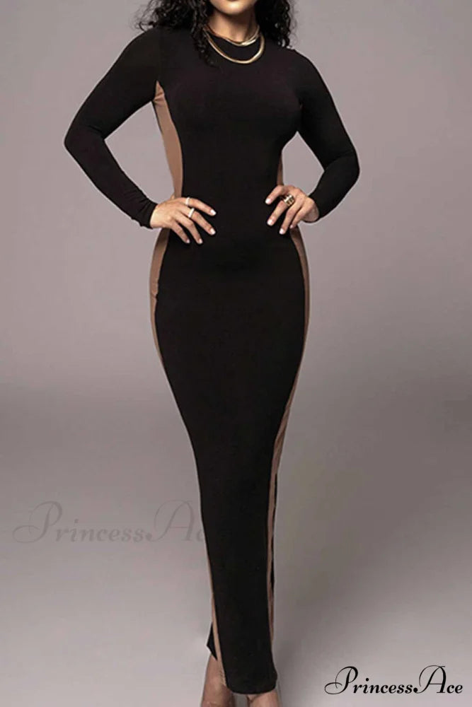Crew Neck Long Sleeve Slit Midi Dress