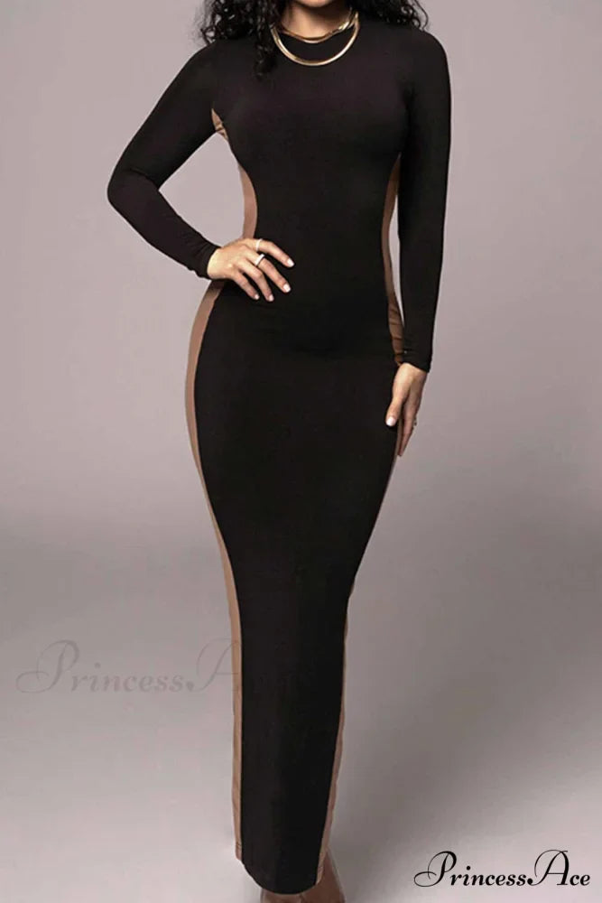 Crew Neck Long Sleeve Slit Midi Dress