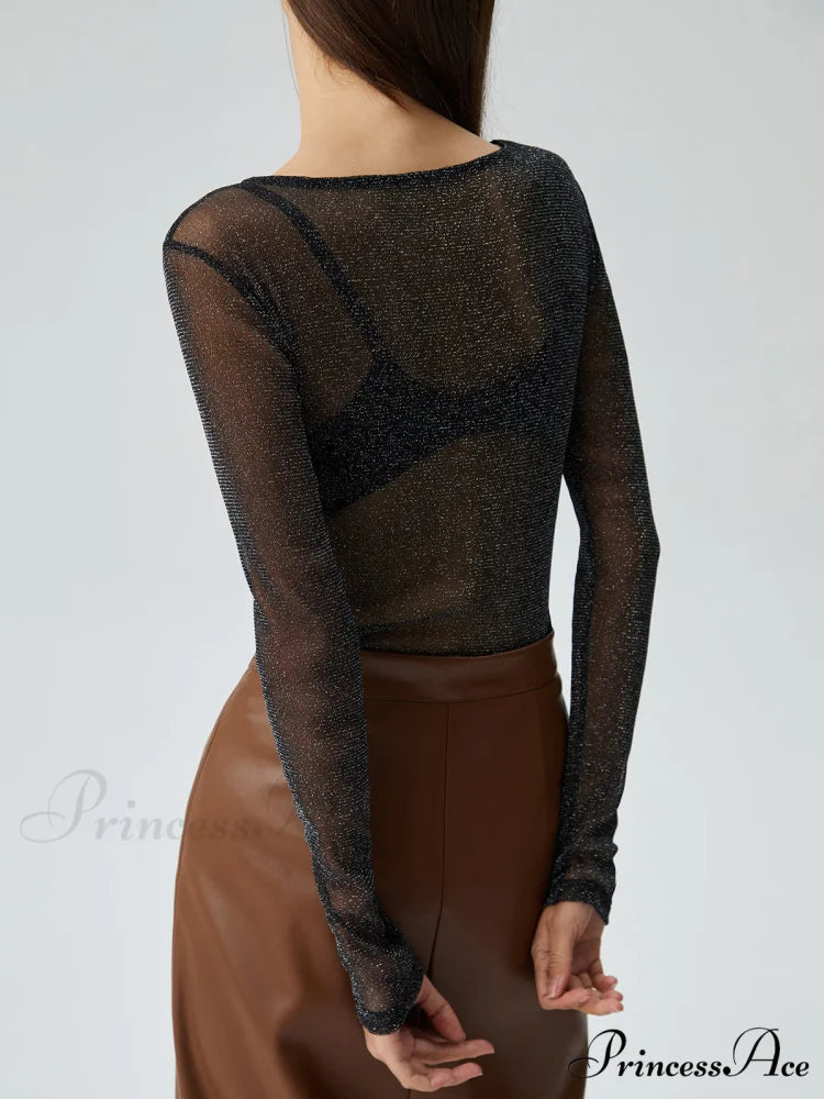 Crew Neck Sequined Trendy Long Sleeve Mesh Shirt