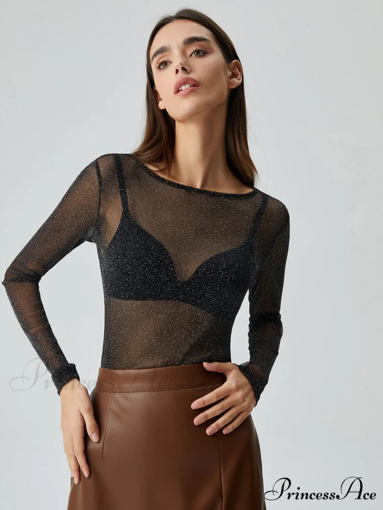 Crew Neck Sequined Trendy Long Sleeve Mesh Shirt