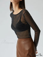 Crew Neck Sequined Trendy Long Sleeve Mesh Shirt