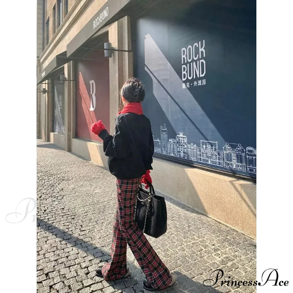 Crimson Checkered 2000s Women Broad Leg Trousers