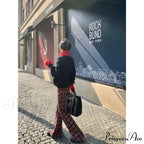 Crimson Checkered 2000s Women Broad Leg Trousers