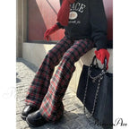 Crimson Checkered 2000s Women Broad Leg Trousers