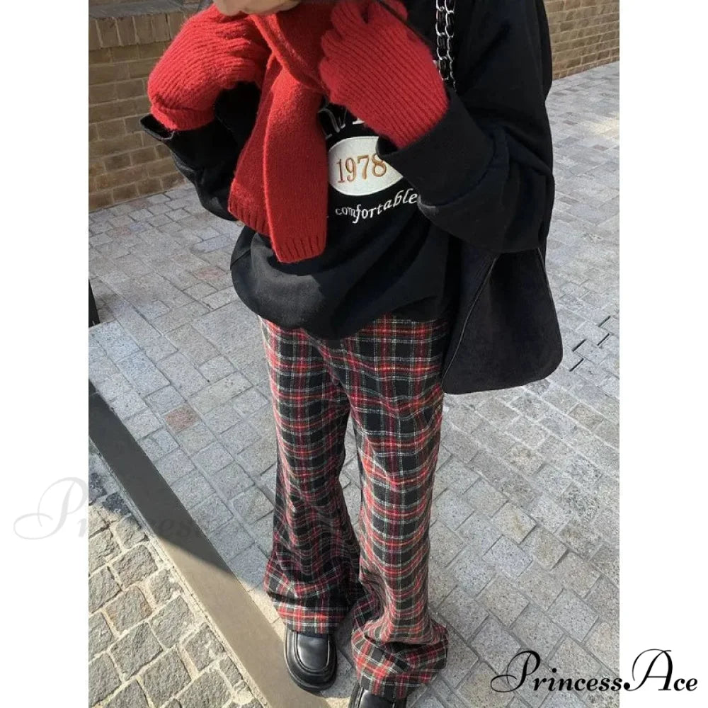 Crimson Checkered 2000s Women Broad Leg Trousers