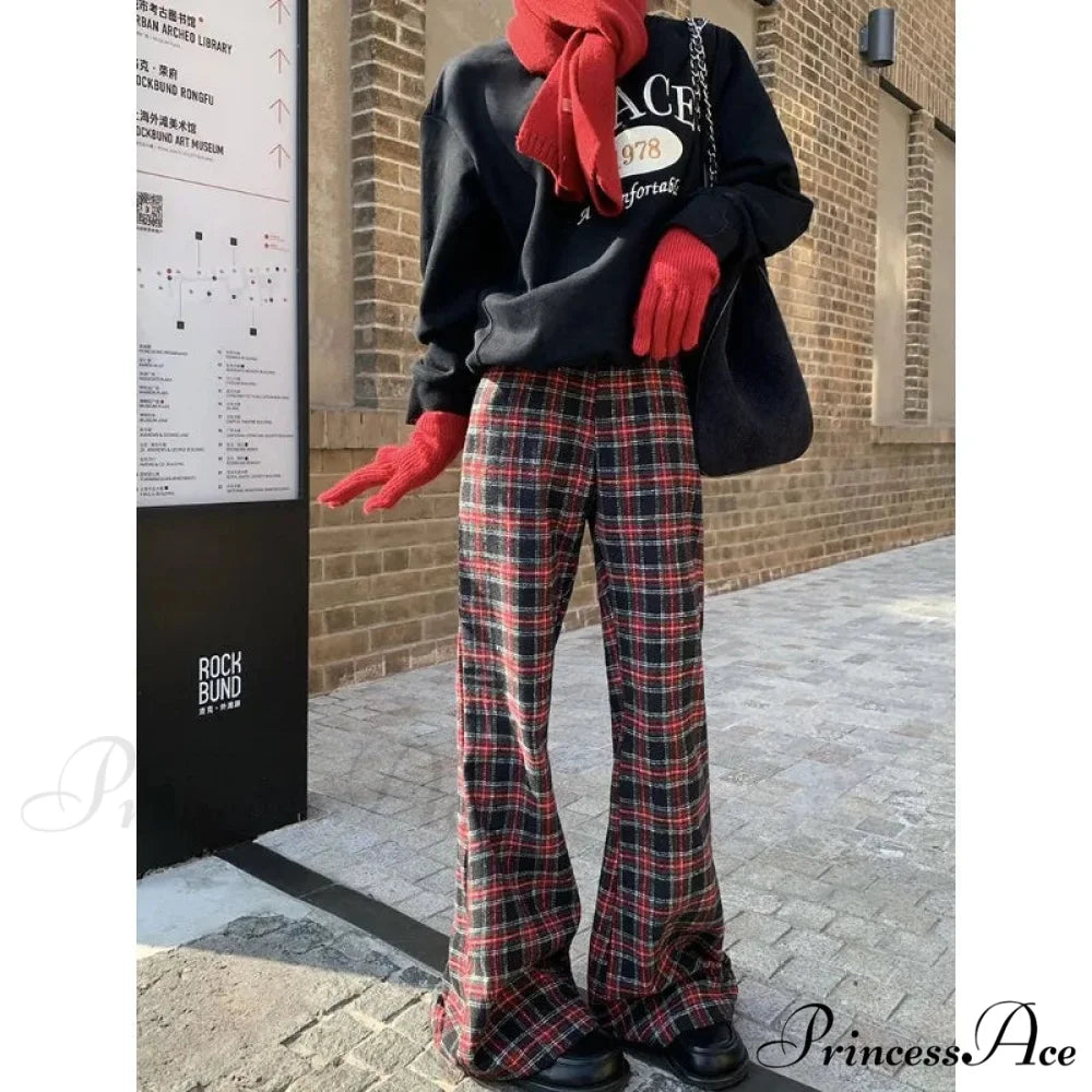 Crimson Checkered 2000s Women Broad Leg Trousers