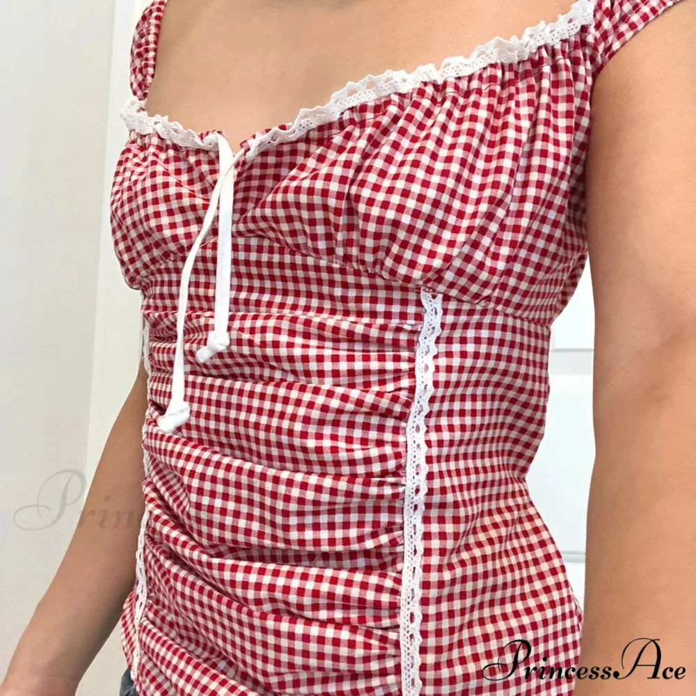 Crimson Checkered Frilled Crop Top