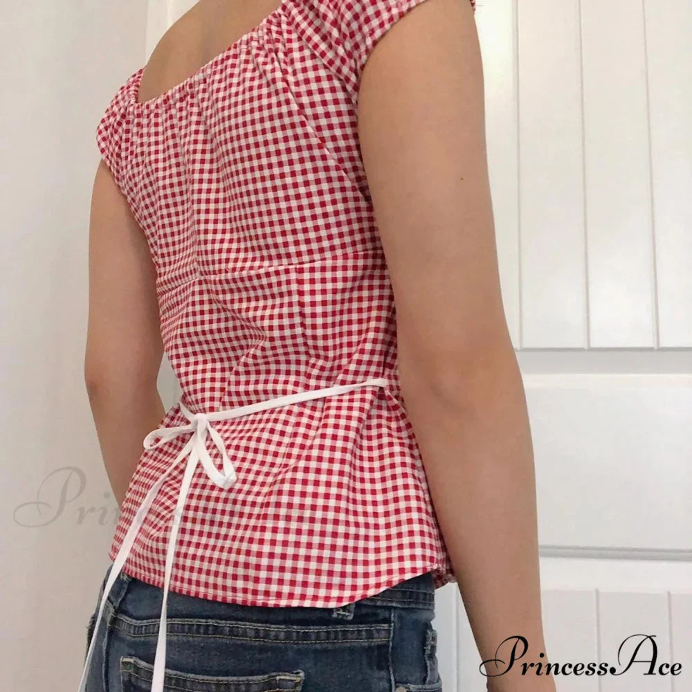 Crimson Checkered Frilled Crop Top