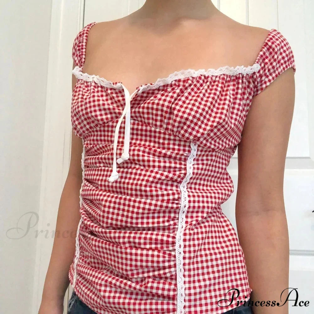 Crimson Checkered Frilled Crop Top