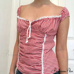 Crimson Checkered Frilled Crop Top