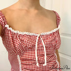 Crimson Checkered Frilled Crop Top