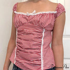 Crimson Checkered Frilled Crop Top