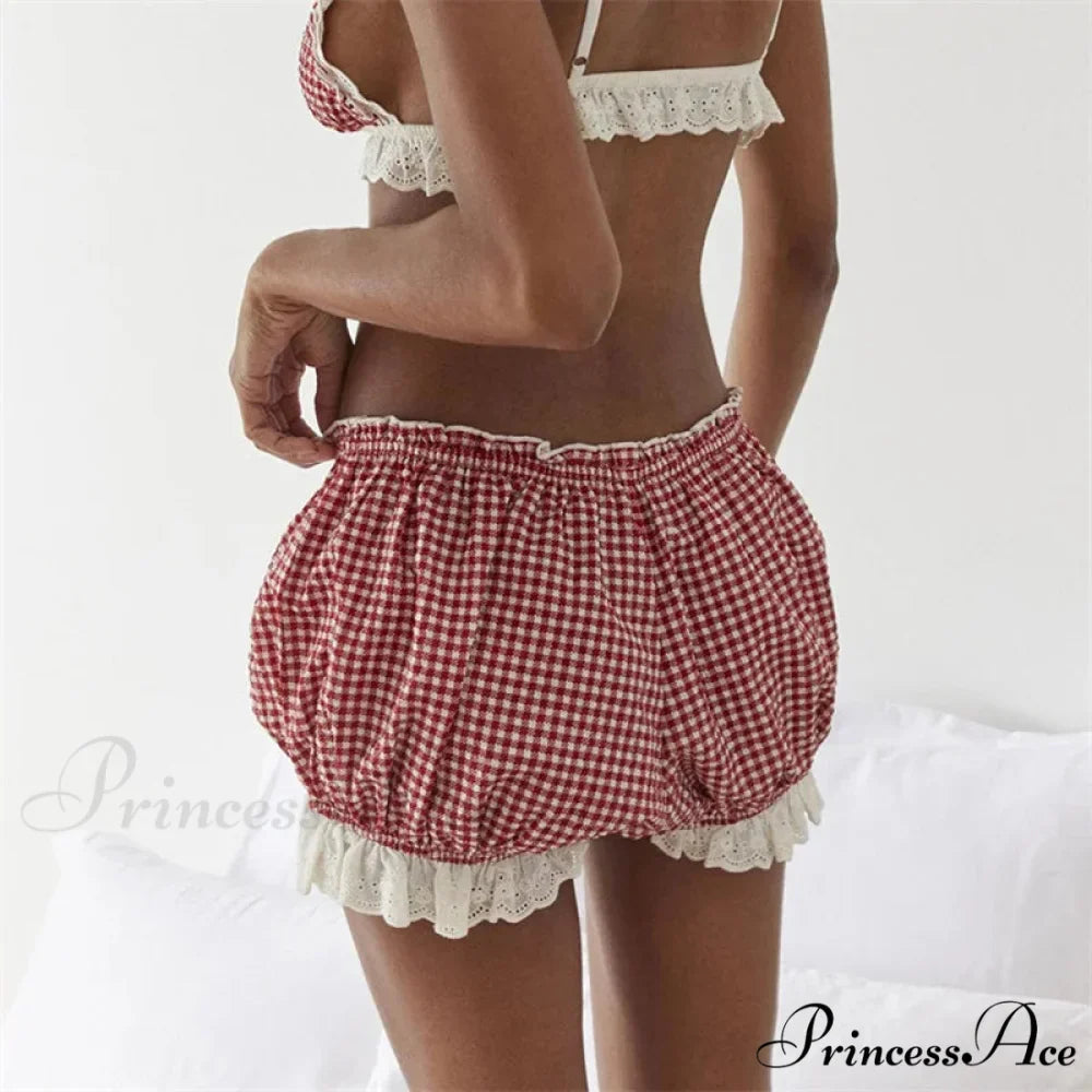 Crimson Checkered Lace Trim Bloomer Short