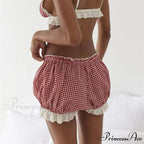 Crimson Checkered Lace Trim Bloomer Short