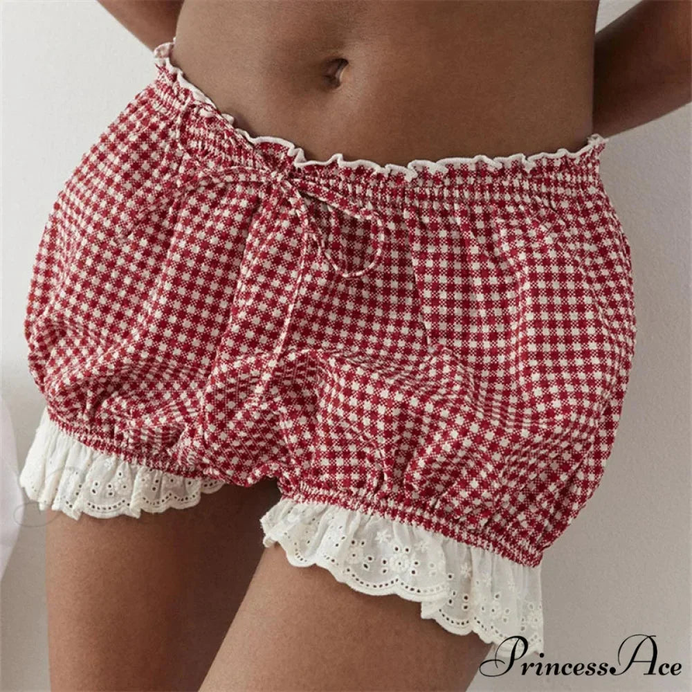 Crimson Checkered Lace Trim Bloomer Short