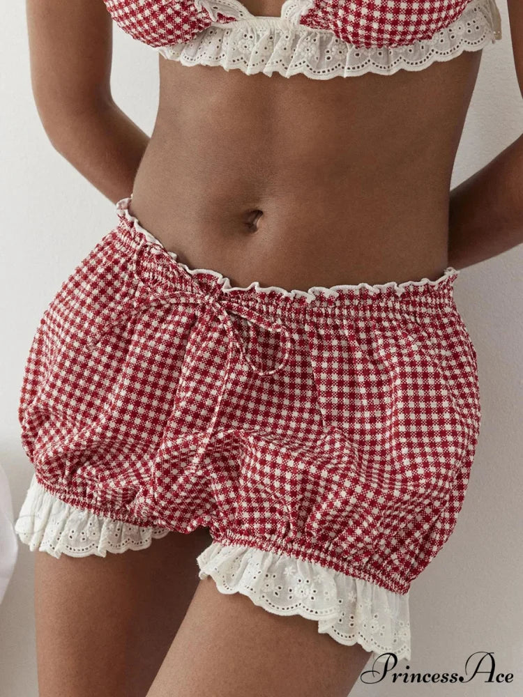 Crimson Checkered Lace Trim Bloomer Short