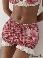 Crimson Checkered Lace Trim Bloomer Short