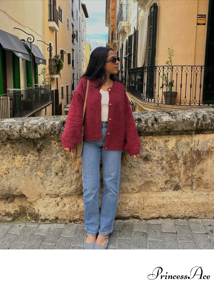 Crimson Circular Neck Button Cardigan