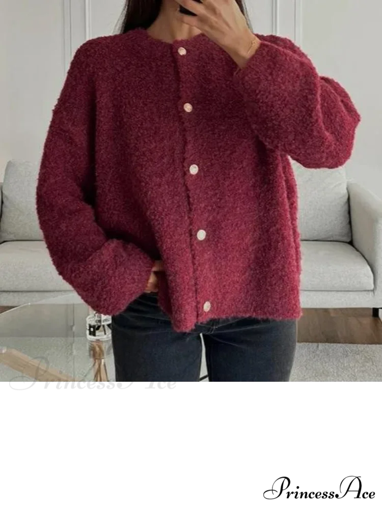 Crimson Circular Neck Button Cardigan