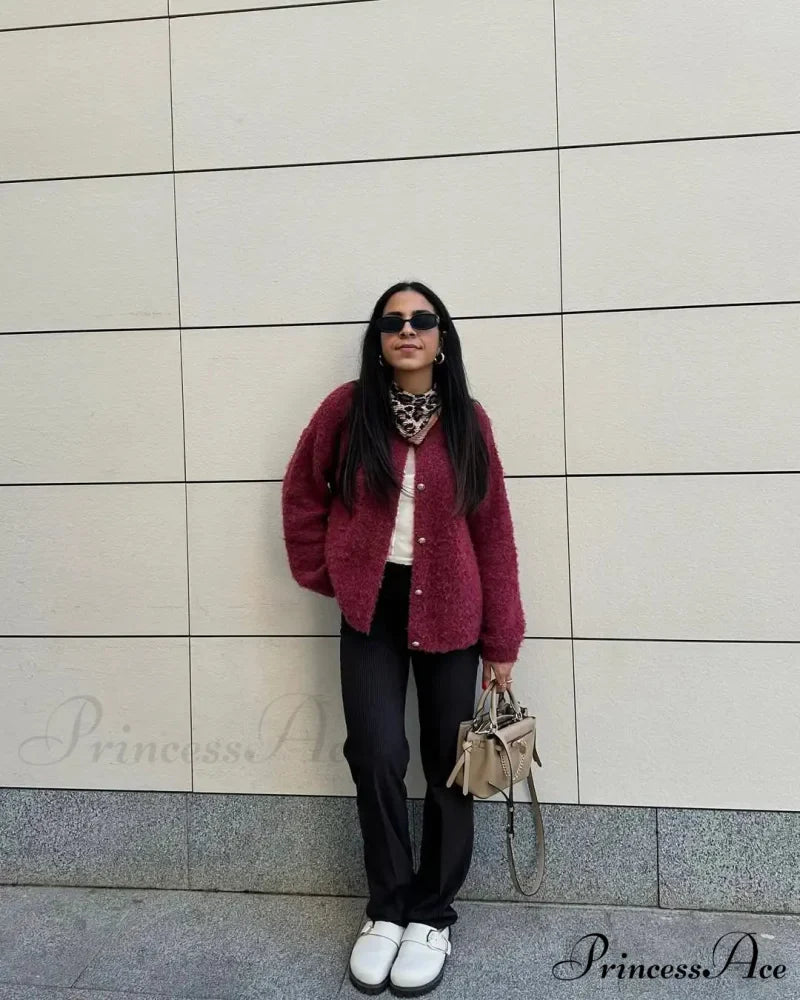 Crimson Circular Neck Button Cardigan