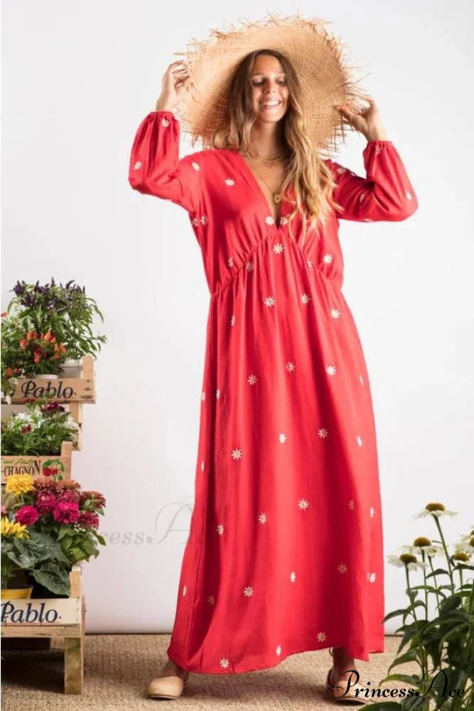 Crimson Cotton Long Dress