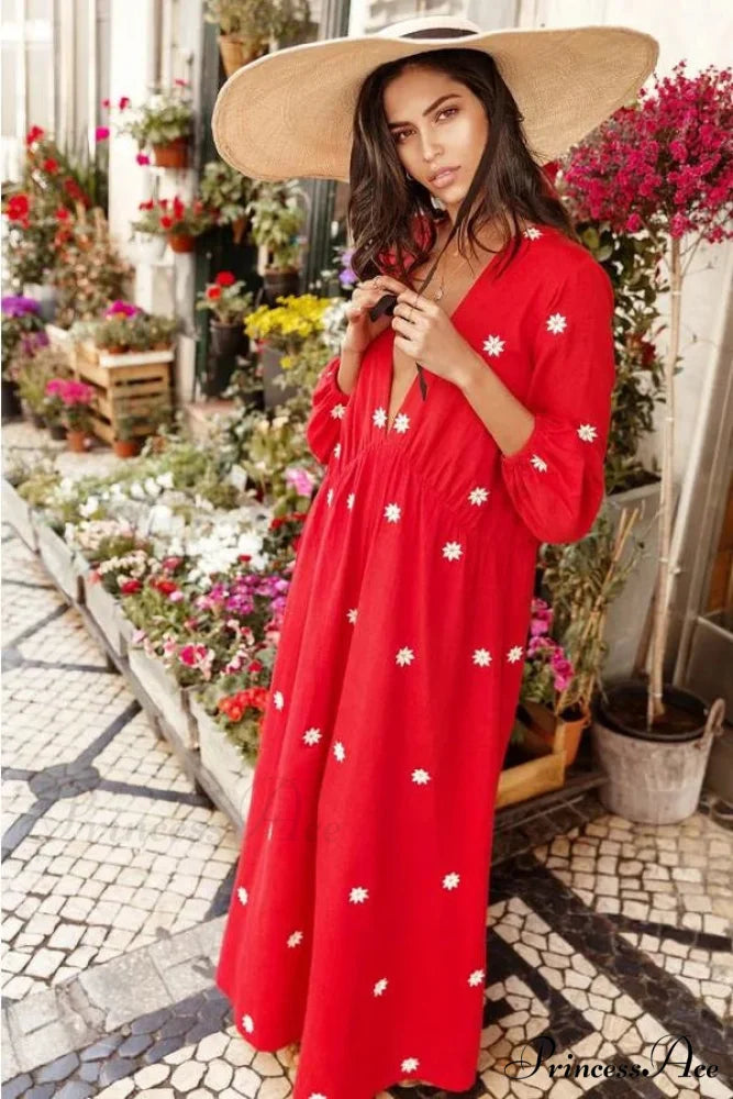 Crimson Cotton Long Dress