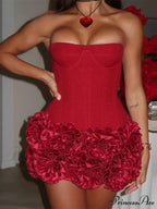 Crimson Fishbone Bandage 3D Blossom Mini Celebration Dress
