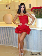 Crimson Fishbone Bandage 3D Blossom Mini Celebration Dress