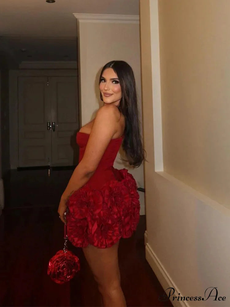 Crimson Fishbone Bandage 3D Blossom Mini Celebration Dress