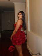 Crimson Fishbone Bandage 3D Blossom Mini Celebration Dress