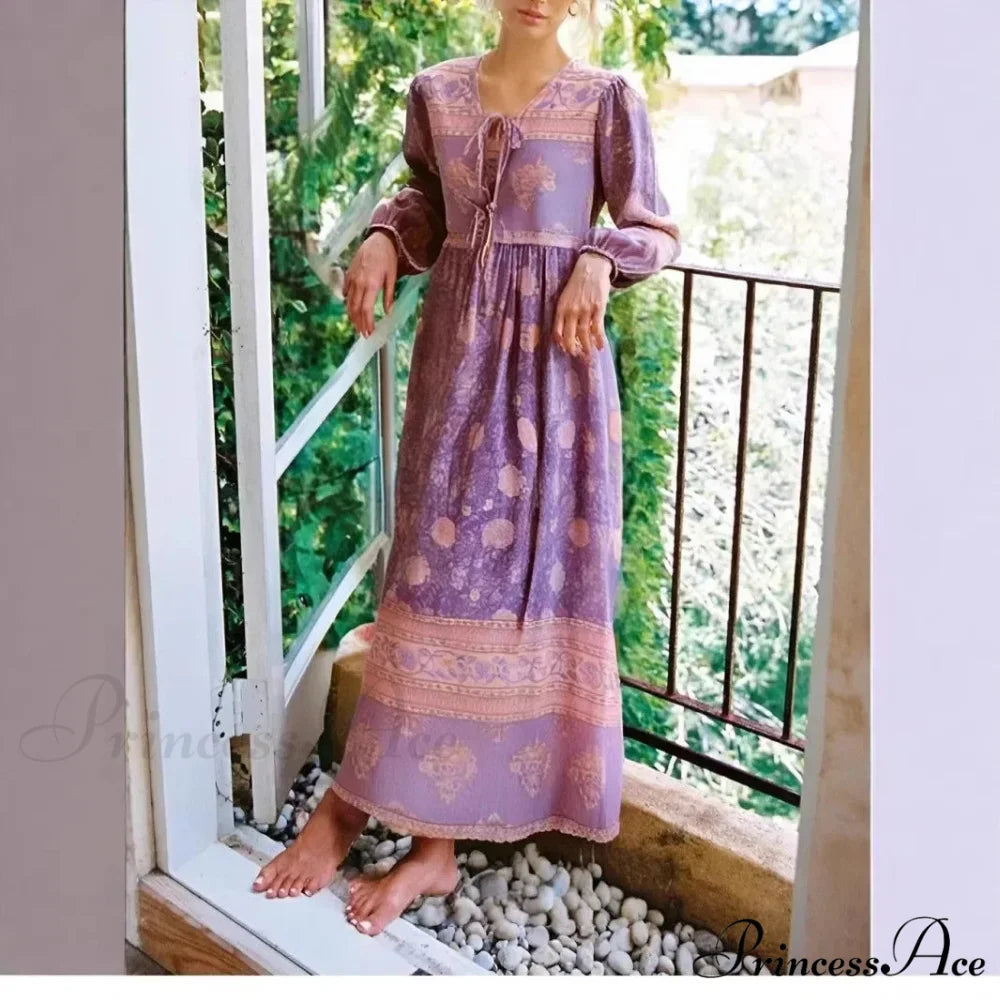 Crimson Flower Pattern Bands Rayon Cotton Pleated Maxi Boho Dress