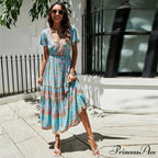 Crimson Flower Pattern Bat Sleeve Fringe V-neck Summer Boho Dress
