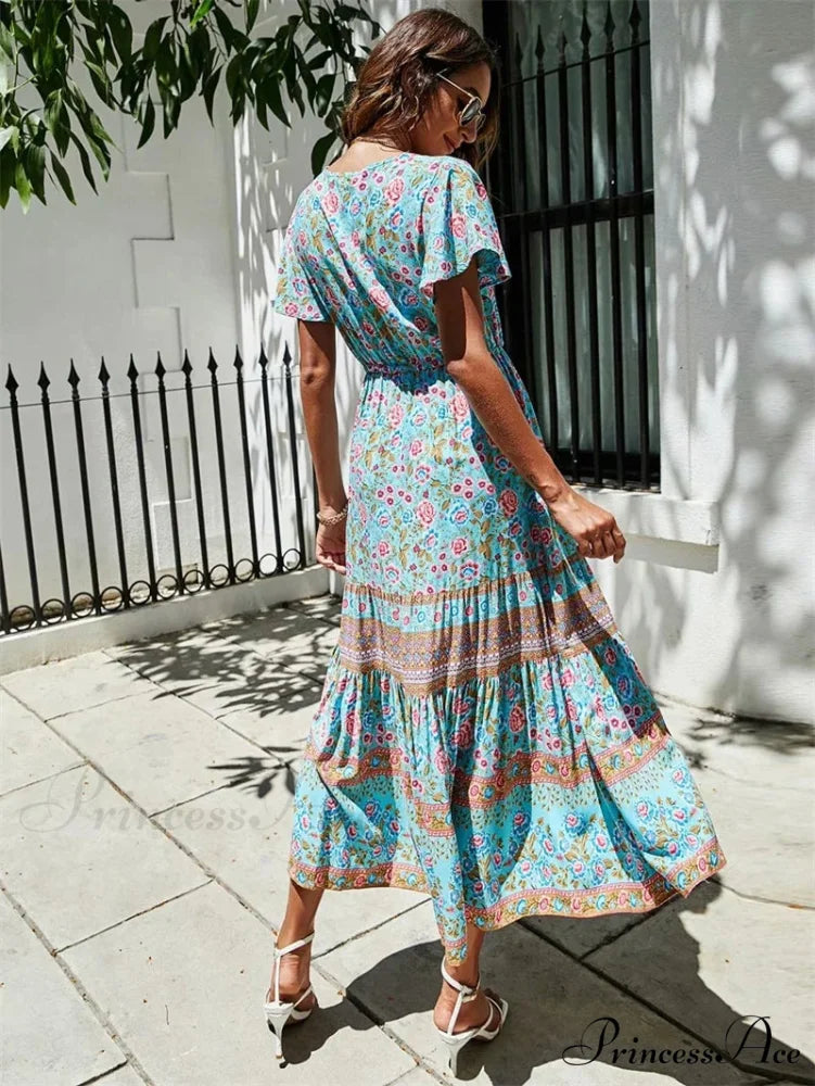 Crimson Flower Pattern Bat Sleeve Fringe V-neck Summer Boho Dress