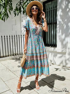 Crimson Flower Pattern Bat Sleeve Fringe V-neck Summer Boho Dress
