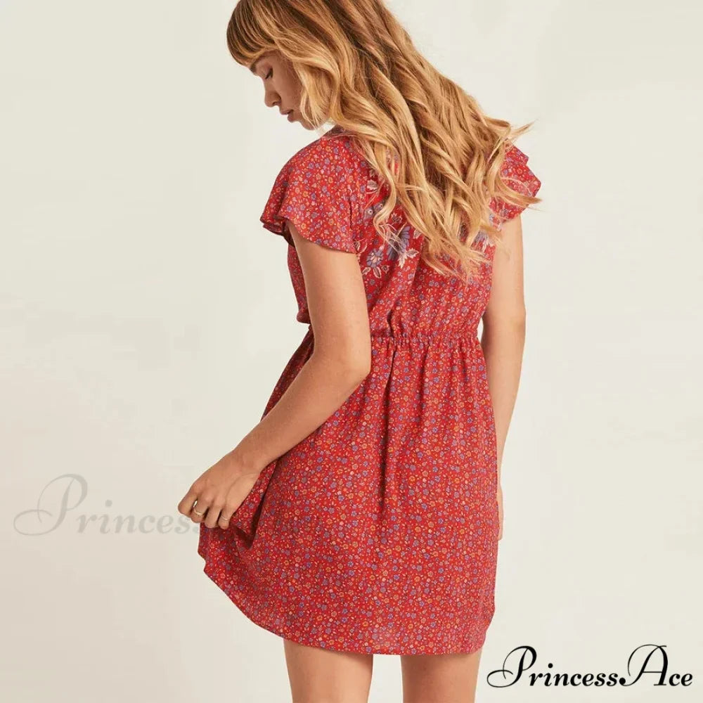 Crimson Flower Pattern Bohemian Short Dress
