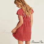 Crimson Flower Pattern Bohemian Short Dress