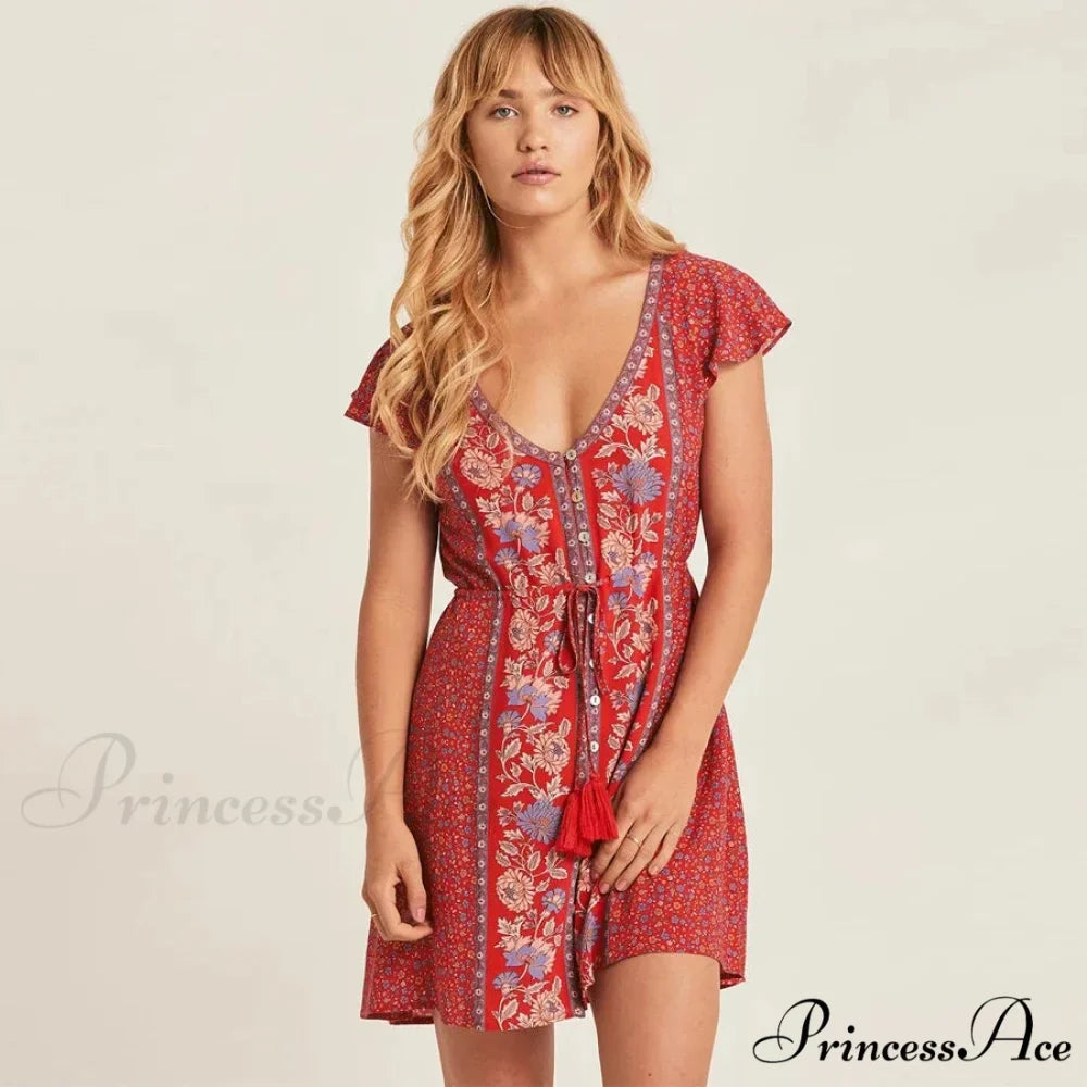 Crimson Flower Pattern Bohemian Short Dress
