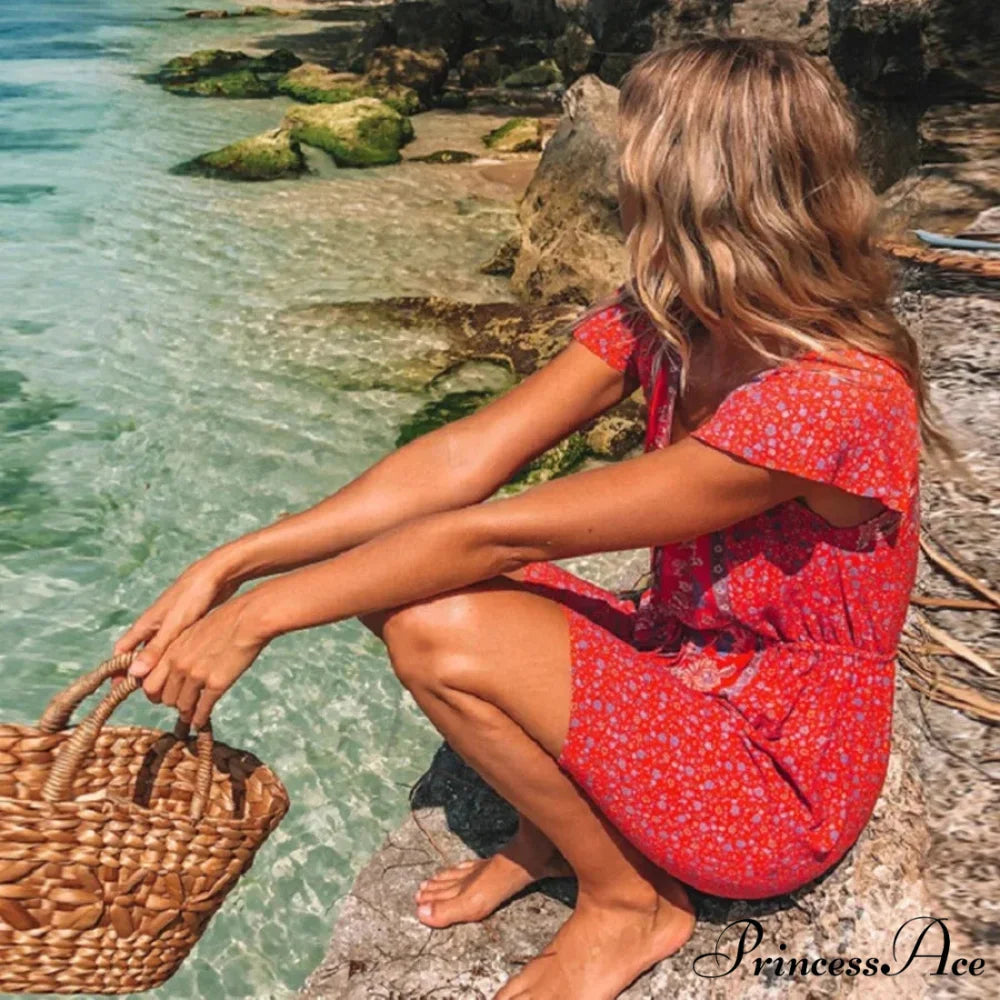 Crimson Flower Pattern Bohemian Short Dress