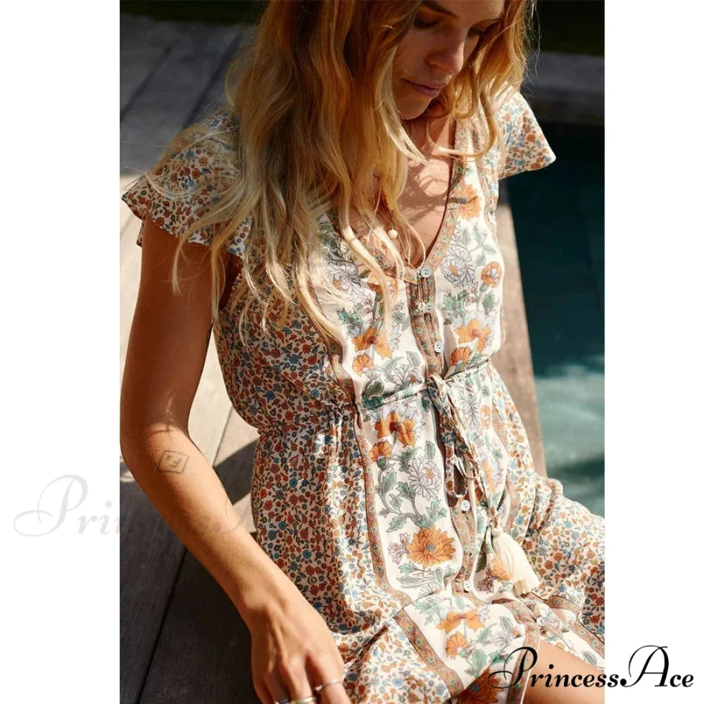 Crimson Flower Pattern Bohemian Short Dress