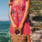 Crimson Flower Pattern Bohemian Short Dress