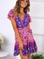Crimson Flower Pattern Brief Sleeve Rayon Summertime Wrap Mini Boho Dress