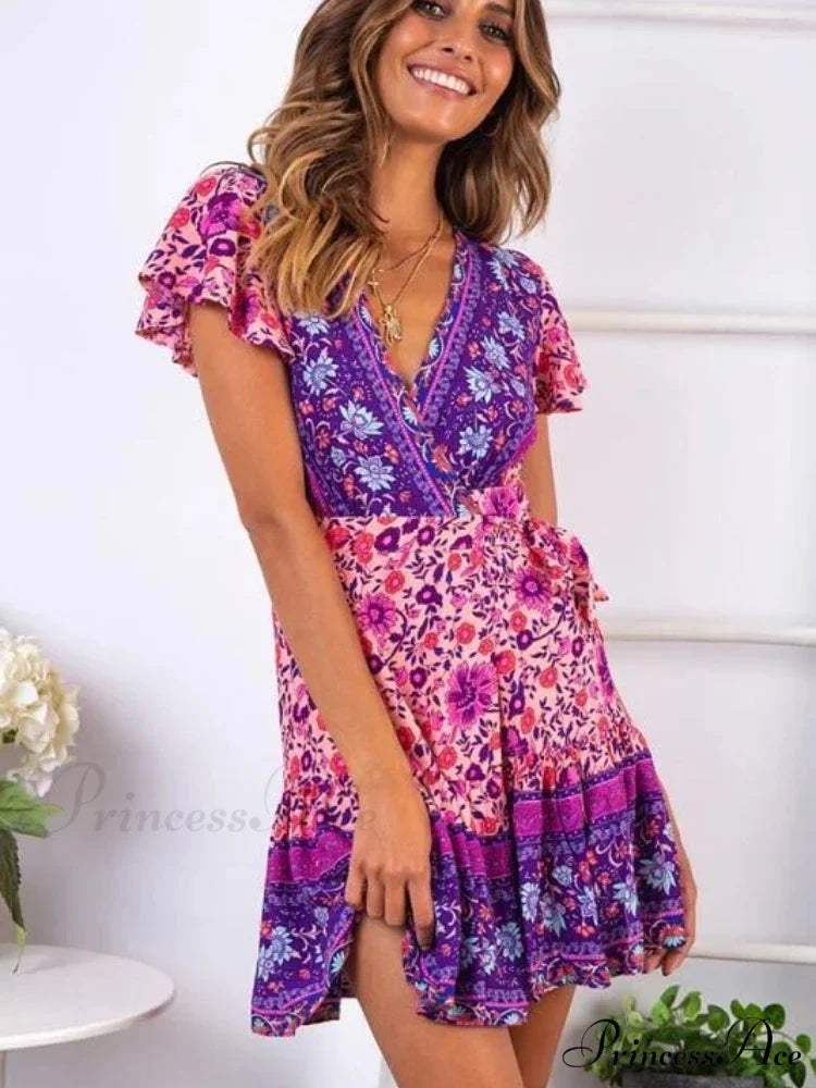 Crimson Flower Pattern Brief Sleeve Rayon Summertime Wrap Mini Boho Dress