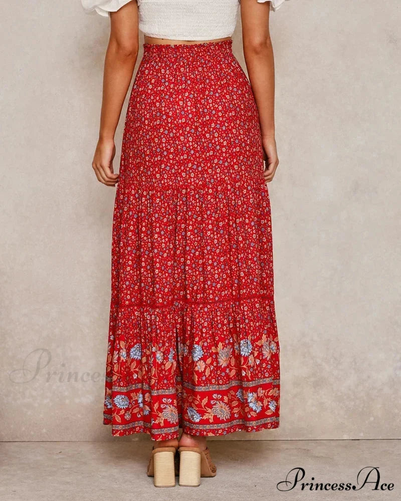 Crimson Flower Pattern Seaside Free-Spirited High Rise Rayon Skirt